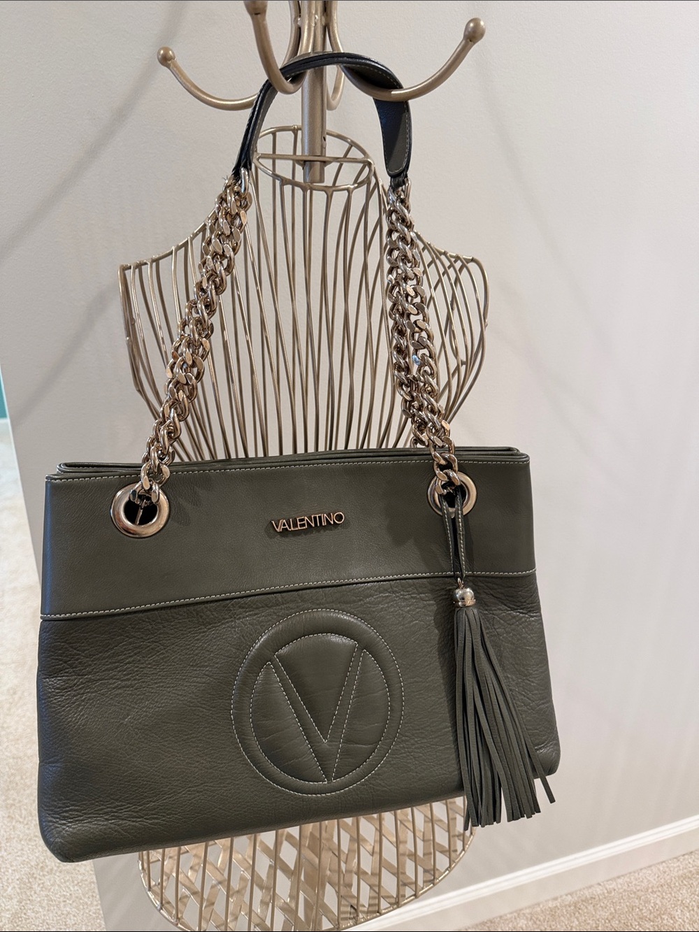 Valentino Olive Green Leather Shoulder Bag with Gold Chain Straps